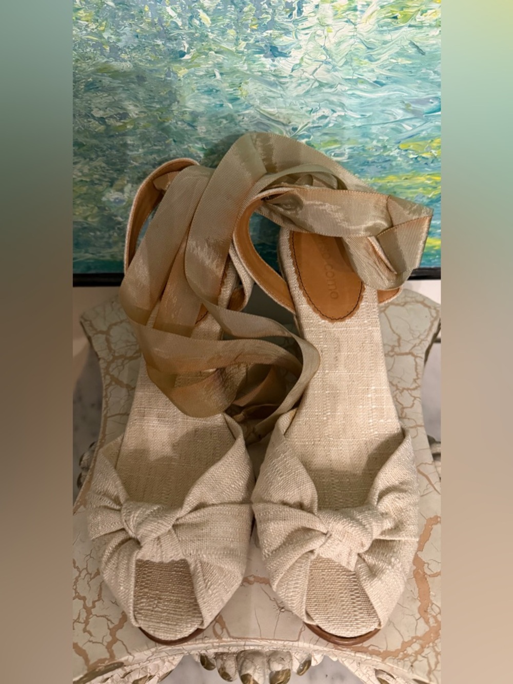 Corso Como Cream Linen Knot Wedge Sandals with Ribbon Ties